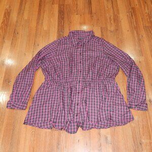 Lane Bryant Women's Size 20 Button Front Elastic Waist Plaid Tunic Shirt Blouse